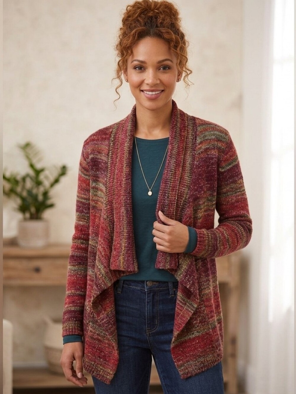 Ruby Rd. Women's Striped Cardigan in Red and Green